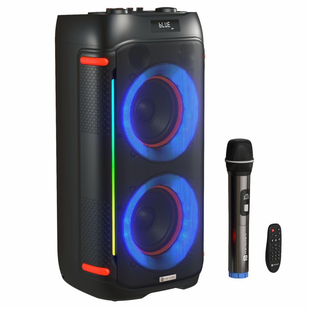 Portronics Iron Beats IV 250W Party Speaker with Dual 6" Subwoofer, Upto 4 Hours Playtime, RGB LED Lights, Wireless Karaoke Mic, Treble/Bass Adjustment, Echo Control, Remote Control(Black).