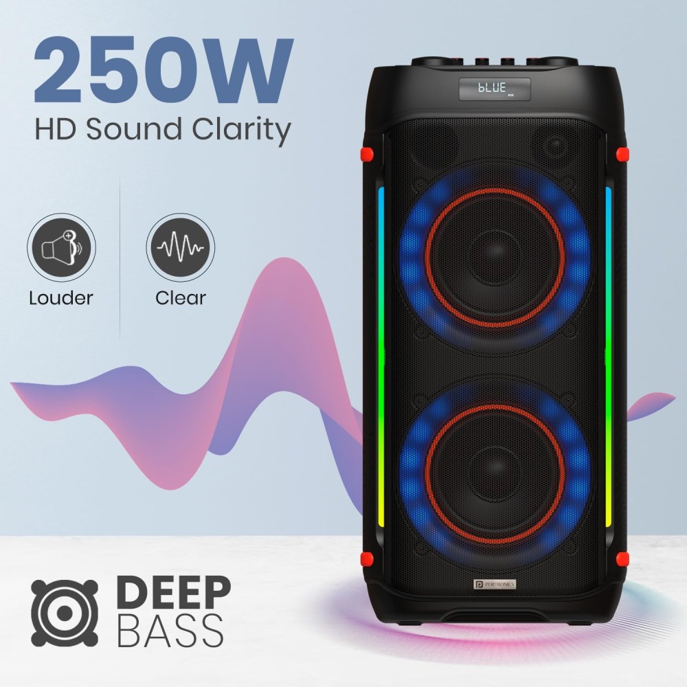 Portronics Iron Beats IV 250W Party Speaker with Dual 6" Subwoofer, Upto 4 Hours Playtime, RGB LED Lights, Wireless Karaoke Mic, Treble/Bass Adjustment, Echo Control, Remote Control(Black).