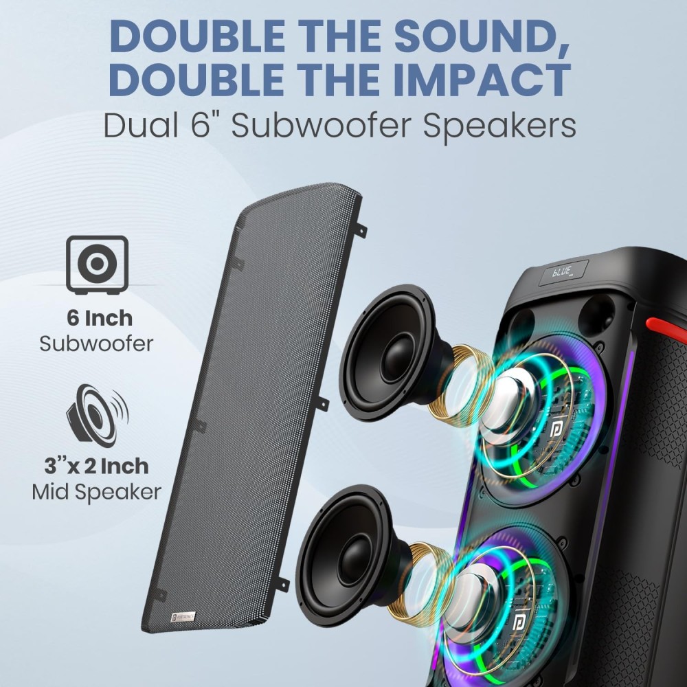 Portronics Iron Beats IV 250W Party Speaker with Dual 6" Subwoofer, Upto 4 Hours Playtime, RGB LED Lights, Wireless Karaoke Mic, Treble/Bass Adjustment, Echo Control, Remote Control(Black).