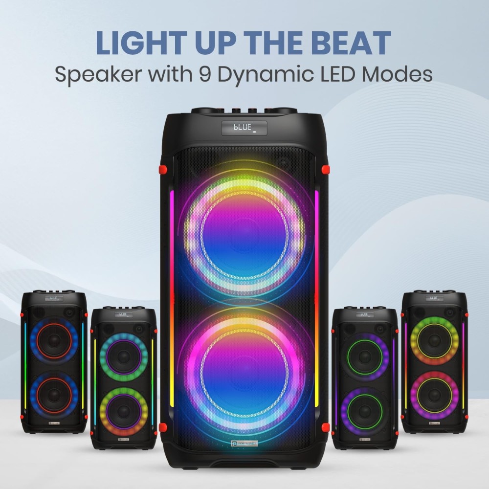 Portronics Iron Beats IV 250W Party Speaker with Dual 6" Subwoofer, Upto 4 Hours Playtime, RGB LED Lights, Wireless Karaoke Mic, Treble/Bass Adjustment, Echo Control, Remote Control(Black).