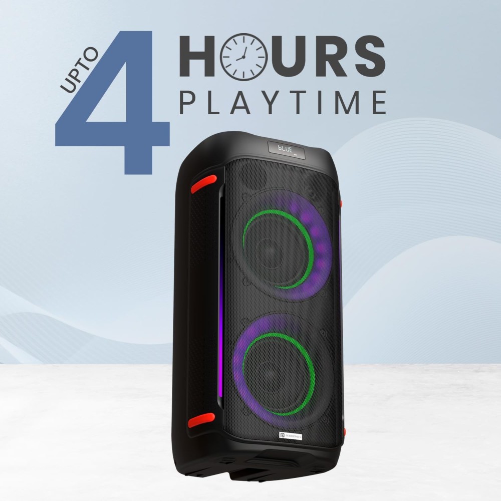 Portronics Iron Beats IV 250W Party Speaker with Dual 6" Subwoofer, Upto 4 Hours Playtime, RGB LED Lights, Wireless Karaoke Mic, Treble/Bass Adjustment, Echo Control, Remote Control(Black).