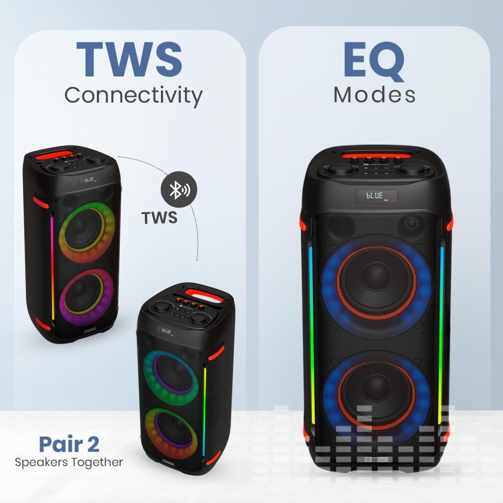 Portronics Iron Beats IV 250W Party Speaker with Dual 6" Subwoofer, Upto 4 Hours Playtime, RGB LED Lights, Wireless Karaoke Mic, Treble/Bass Adjustment, Echo Control, Remote Control(Black).
