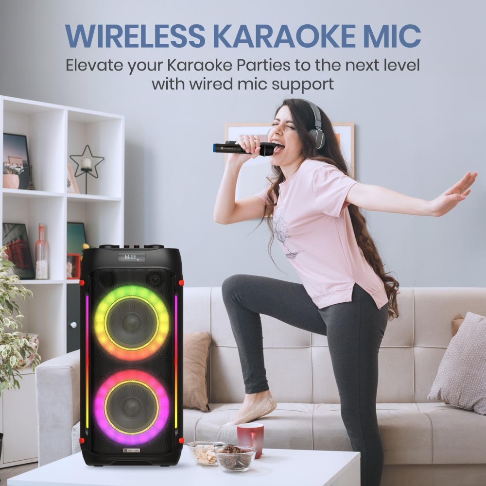 Portronics Iron Beats IV 250W Party Speaker with Dual 6" Subwoofer, Upto 4 Hours Playtime, RGB LED Lights, Wireless Karaoke Mic, Treble/Bass Adjustment, Echo Control, Remote Control(Black).