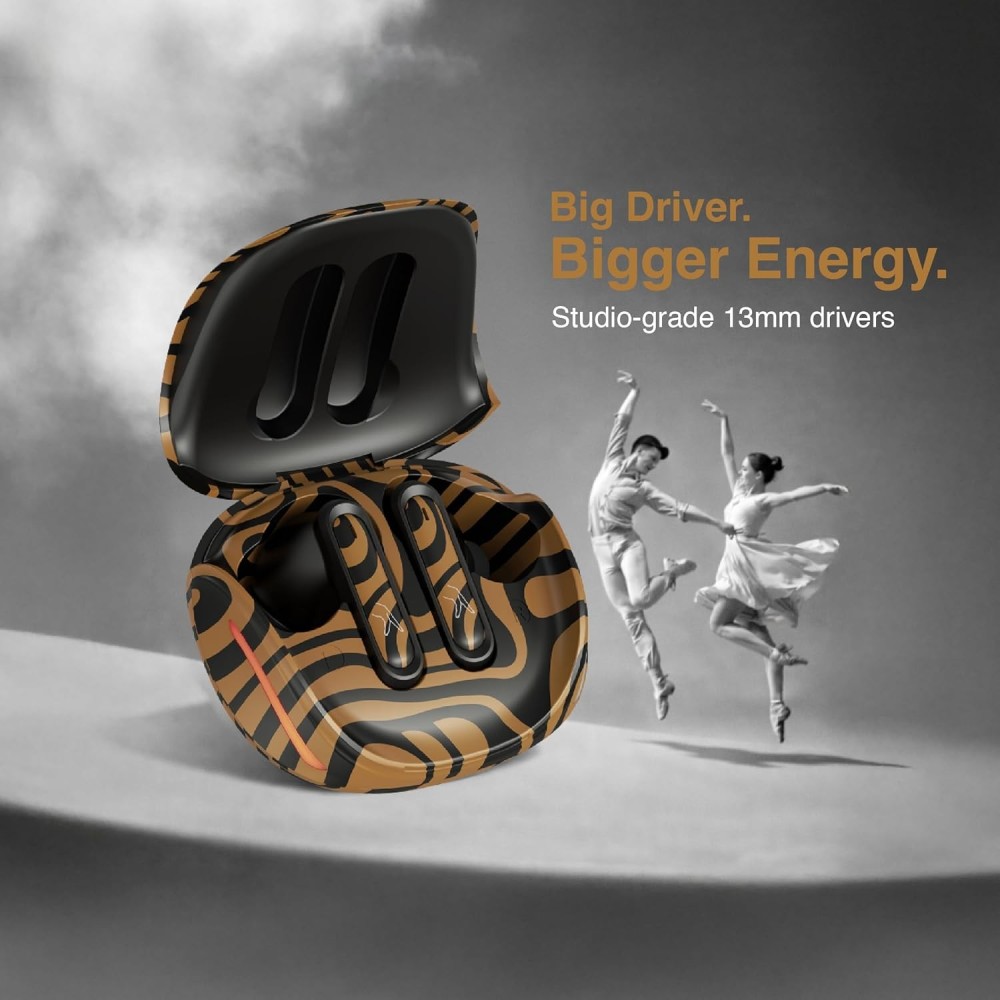 FINGERS Go-Zing M6 TWS Earbuds (30-Hour Playtime, Dual Mic with SNC™ Noise Cancellation, Fast Charging – 10 mins Quick Charge = 70 mins Playtime & Cool Artistic Printed Design) - Caramel Stri