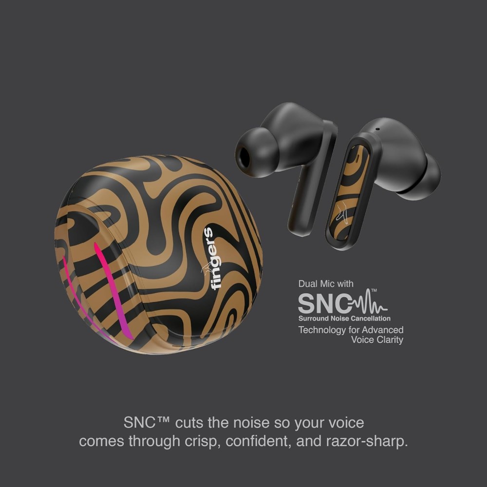 FINGERS Go-Zing M6 TWS Earbuds (30-Hour Playtime, Dual Mic with SNC™ Noise Cancellation, Fast Charging – 10 mins Quick Charge = 70 mins Playtime & Cool Artistic Printed Design) - Caramel Stri