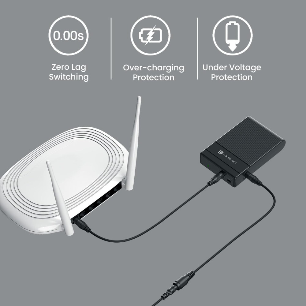 Portronics Power Plus II Mini UPS for 12V-3A WiFi Router Broadband Modem, Backup Upto 4 Hours, Current Surge Protection, UPS Power Backup for WiFi Router Modem During Power Cuts (Black)