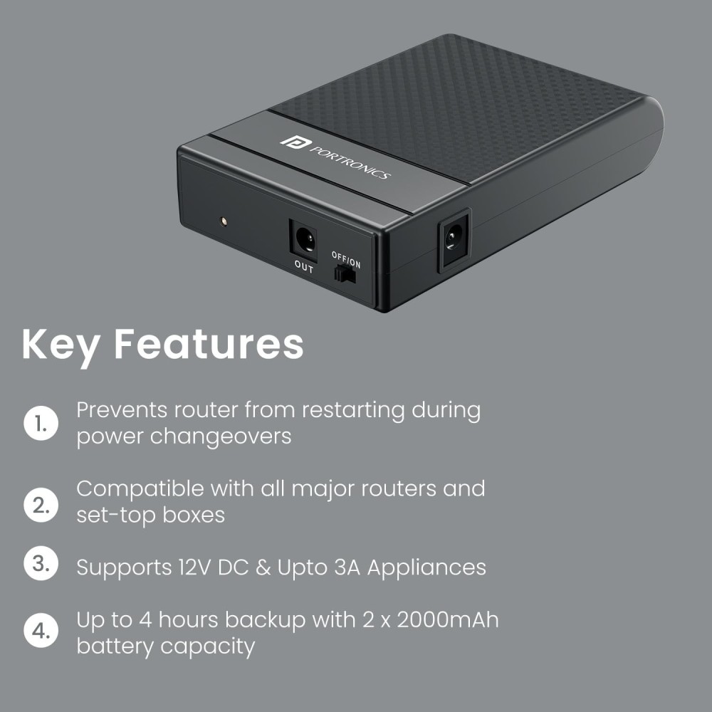 Portronics Power Plus II Mini UPS for 12V-3A WiFi Router Broadband Modem, Backup Upto 4 Hours, Current Surge Protection, UPS Power Backup for WiFi Router Modem During Power Cuts (Black)