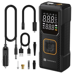 Portronics Vayu 9.0 Portable Rechargeable Tyre Inflator 150 PSI, Cordless & Corded Air Compressor Pump with LED Display, Auto Shut-Off, Type-C Fast Charging for Car, Bike & Sports Balls - (Bl