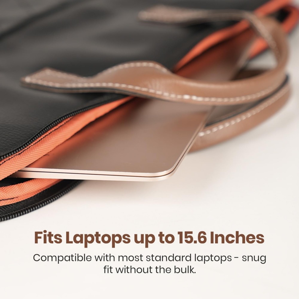 Portronics Encase 104 Laptop Sleeve Bag for 15.6 Inch Laptop, PU Leather Office Bag with Trolley Strap, Handle, Inner Pocket & Accessory Compartments - (Black)