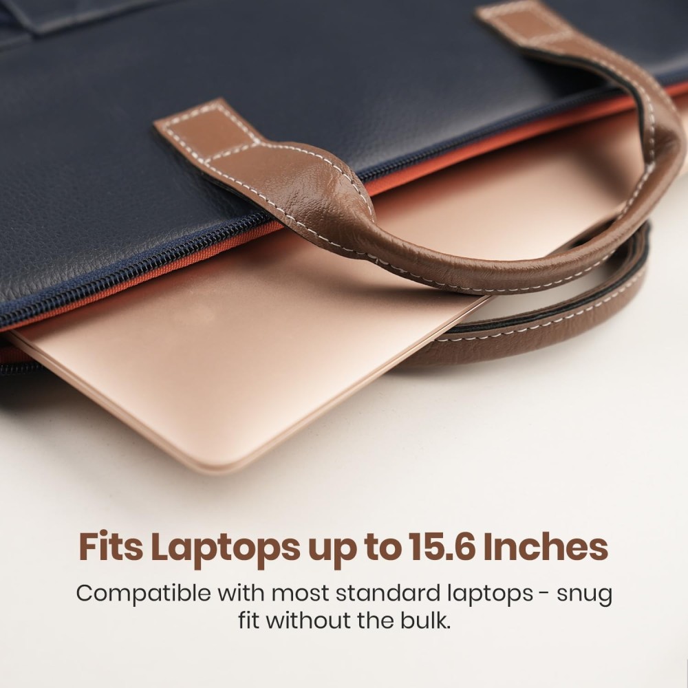 Portronics Encase 104 Laptop Sleeve Bag for 15.6 Inch Laptop, PU Leather Office Bag with Trolley Strap, Handle, Inner Pocket & Accessory Compartments - (Blue)
