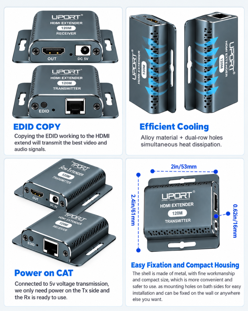 UPORT 60 Meter HDMI Extender 4K 60Hz HDMI to RJ45 LAN Extender over Cat6 UTP Cable, HDMI 2.0 Transmitter Receiver