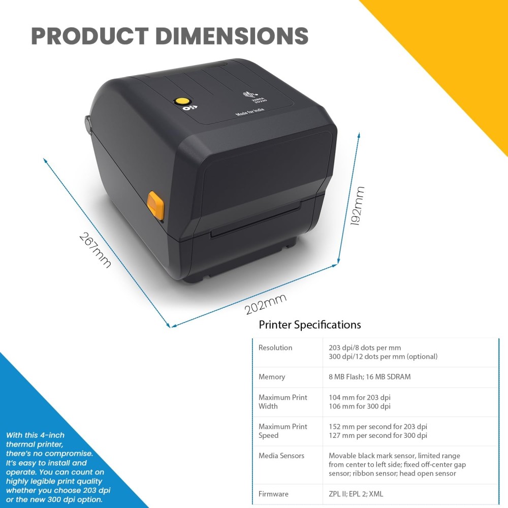 Zebra ZD230TA Direct Thermal Printer 4'' Barcode Label Printers with 1D/2D Cordless Bluetooth 4.1 and USB Connectivity 203/300 DPI Bar Code Reader for Shipping & Business (Black)