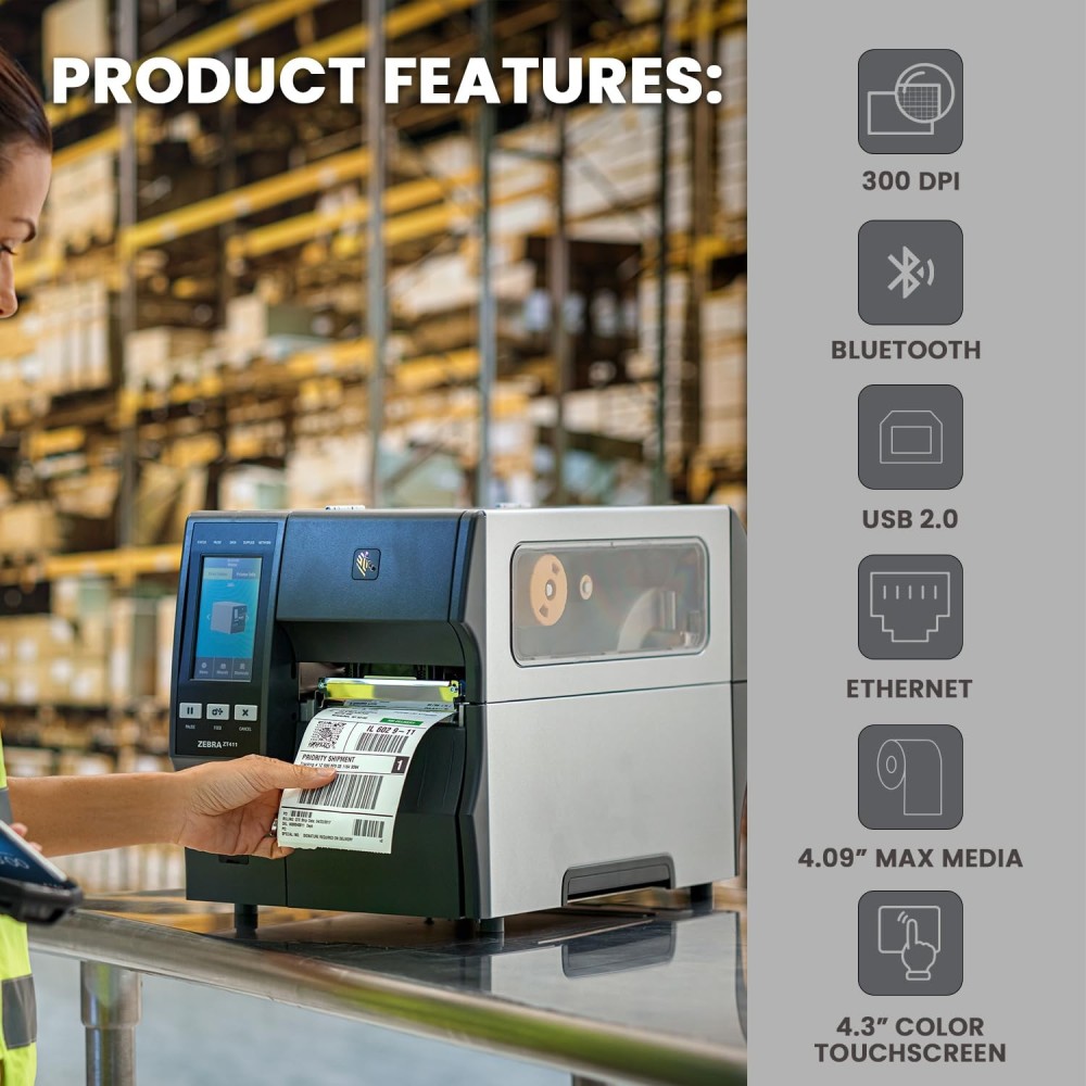 Zebra ZT411 Bluetooth Thermal Shipping Label Printer 4.09 inches 300 DPI Barcode Receipt Commercial with 4.3-inch Color Touch Display with Intuitive Menu for Quick Operation and Settings Management