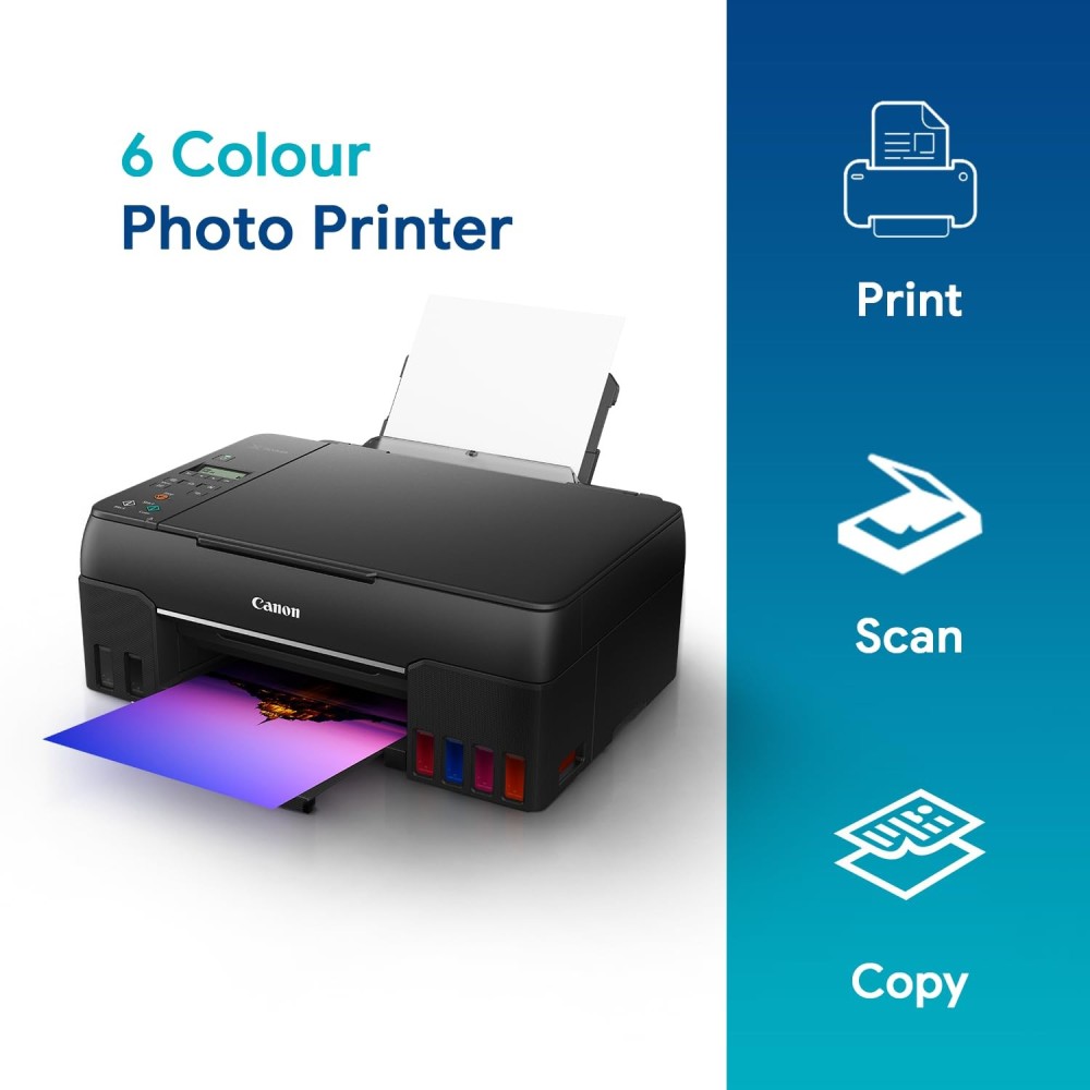 Canon PIXMA MegaTank G670 6 Colour, Print,Scan,Copy, High Volume Printing Photo Printer, User Replaceable Print Heads & Maintainence Cartridge.