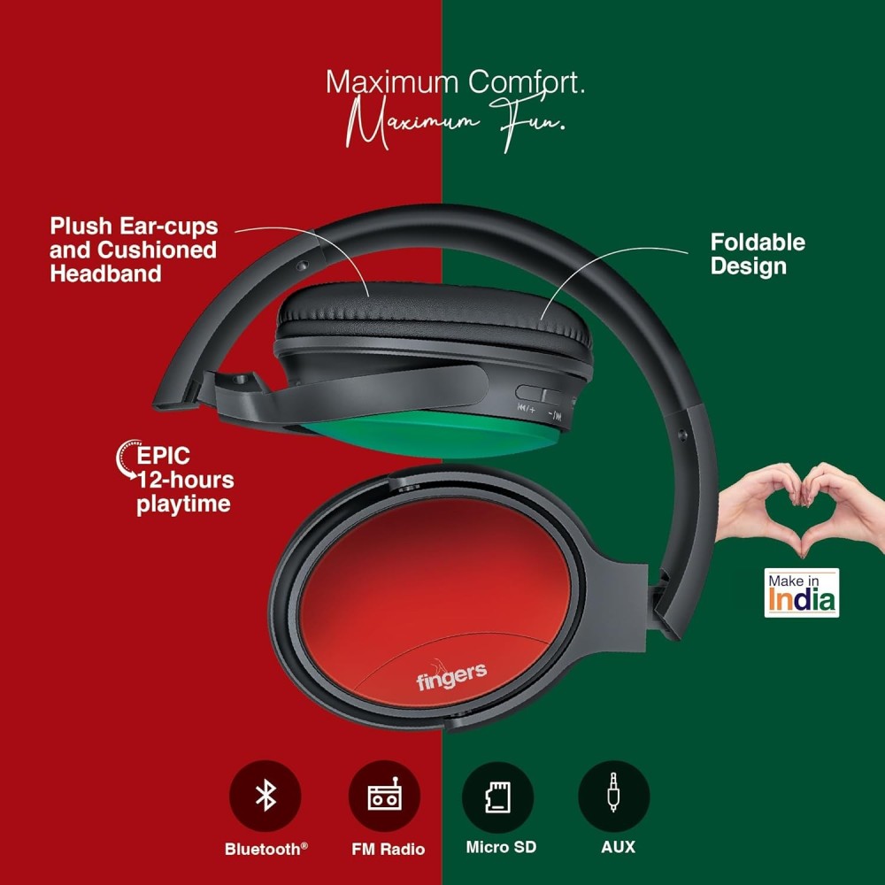 FINGERS Sugar-n-Spice B3 Wireless On-Ear Headset (Contrasting Colour Earcups, India’s First - TWS Dual Headphone Pairing Technology, 12-Hour Playtime, Bluetooth® | FM | MicroSD | AUX, Make in