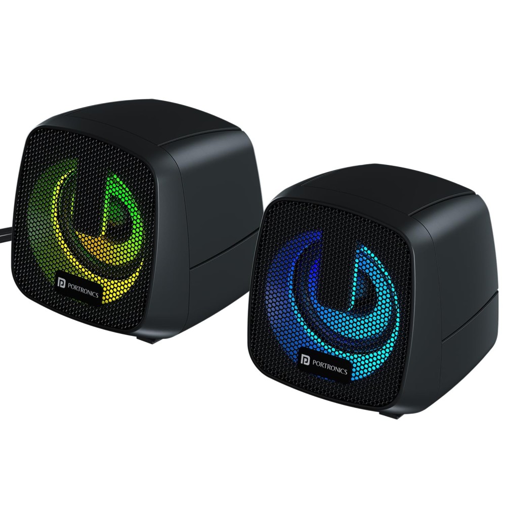 Portronics 6W in Tune 6 HD Sound 2.0 Channel Portable Desktop PC Speaker, 3.5mm Audio Jack, Volume Scroll Button, Multimedia Speaker, RGB LED Lights, Metal Mesh, USB Powered (Black)