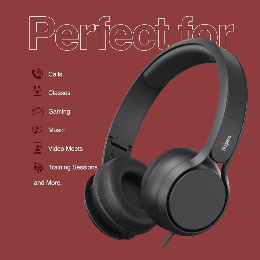 FINGERS S7 Wired On-Ear Headset with Built-in Mic (Single 3.5 mm Plug & Play, Powerful 40 mm Driver, Lightweight & Foldable Design, Braided Tangle-Free Cable) - Rich Black