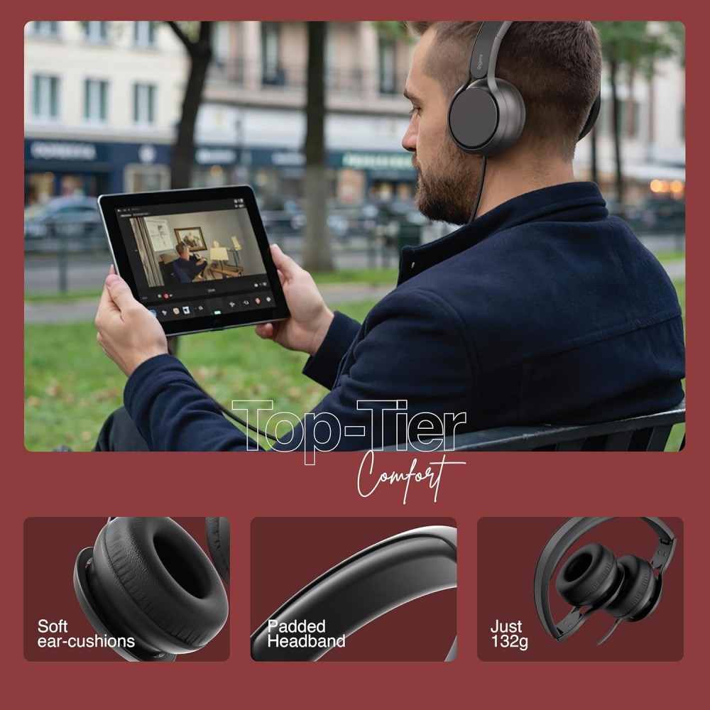 FINGERS S7 Wired On-Ear Headset with Built-in Mic (Single 3.5 mm Plug & Play, Powerful 40 mm Driver, Lightweight & Foldable Design, Braided Tangle-Free Cable) - Rich Black