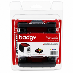 EVOLIS Badgy Consumable Pack Color Ribbon CBGP0001C | Genuine YMCKO Ribbon + 100 PVC Cards for Badgy100 & Badgy200 ID Card Printers