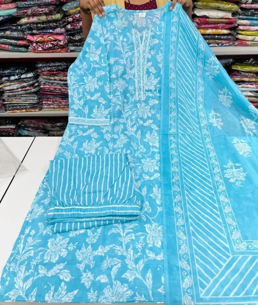 Beautiful Plus Size Sky Blue Cotton 3 Piece Suit Set for Women with Floral Printed Kurta, Striped Bottom & Matching Dupatta – (CMHT0207)