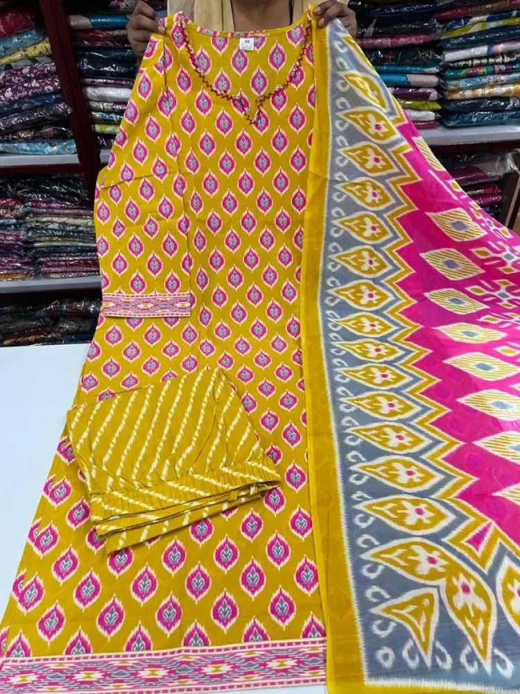 Beautiful Plus Size Mustard Yellow Printed 3 Piece Kurta Set for Women with Striped Pants & Designer Dupatta - (CMHT0209)