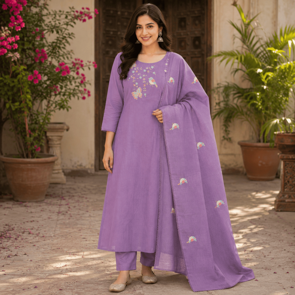 Beautiful Dark Lavender Premium Kota Cotton Embroidered 3 Piece Kurta Set with Dupatta for Women