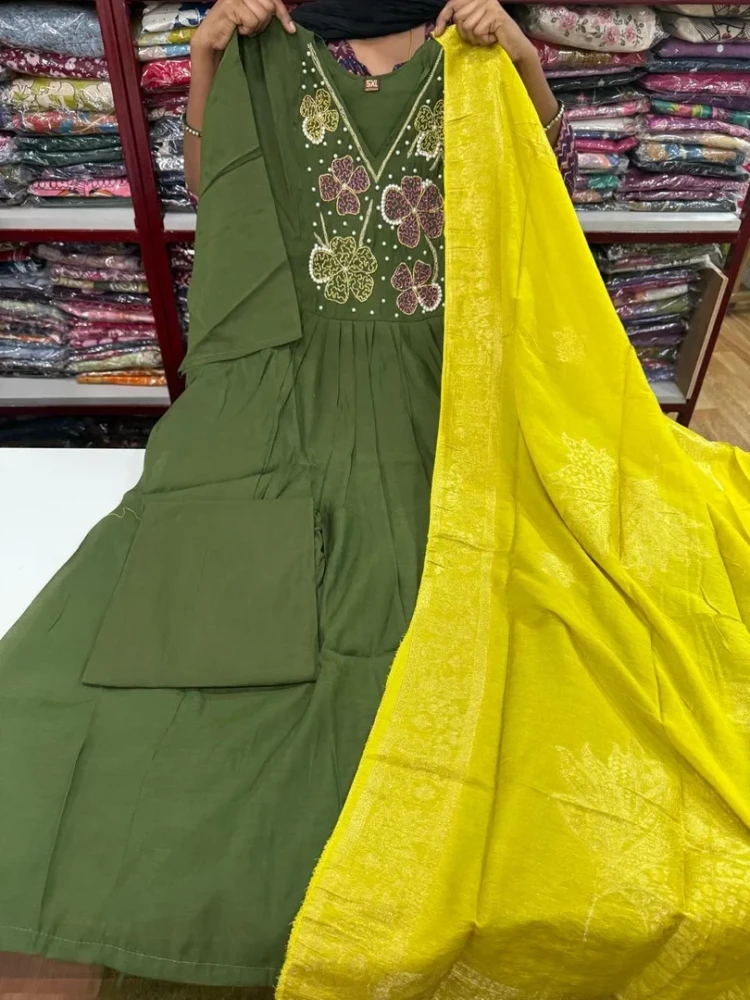 Beautiful Designer Plus Size Dark Green Mul Chanderi 3 Piece Suit Set for Women with Handwork, A-Line Kurta, Free Size Bottom & Contrast Banarasi Dupatta | Ethnic Party Wear Salwar Suit