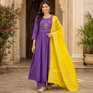 Beautiful Designer Plus Size Lavender Cotton 3 Piece Kurta Set for Women with Embroidered Kurta, Matching Bottom & Dupatta – (CMHT0511)