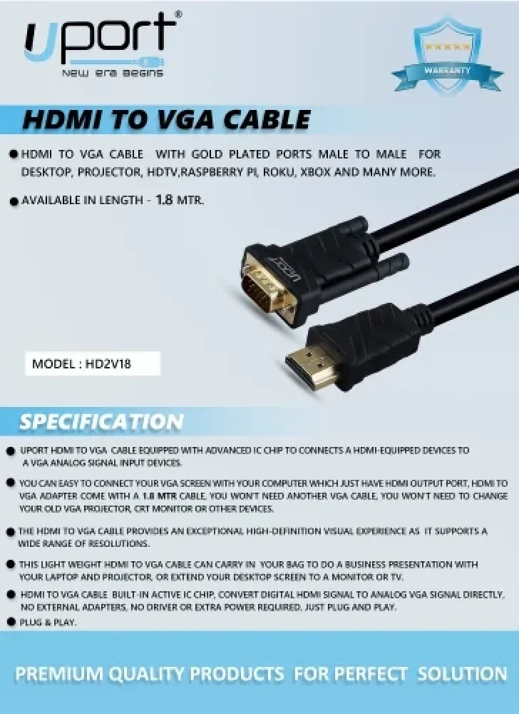 UPORT 1.8M HDMI to VGA Cable 1080p, HDMI 1.4/4K Support, Gold-Plated Connector for PC to Projector