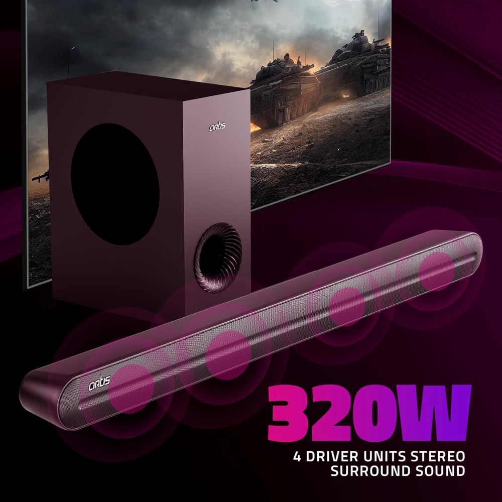 Artis SoundHub 410 320W 2.1 Channel Wireless Bluetooth Soundbar with Wireless Subwoofer, 3 EQ Presets, 4 Drivers, HDMI ARC, Optical, AUX, Coaxial & USB Connectivity – Home Theater Sound System – (Black)