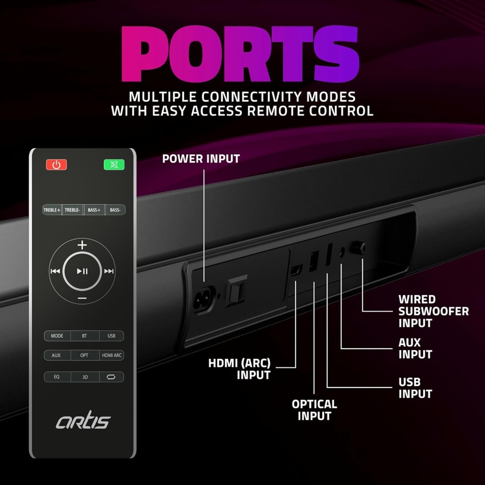 Artis SoundHub 410 320W 2.1 Channel Wireless Bluetooth Soundbar with Wireless Subwoofer, 3 EQ Presets, 4 Drivers, HDMI ARC, Optical, AUX, Coaxial & USB Connectivity – Home Theater Sound System – (Black)