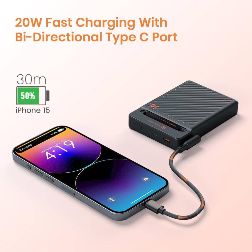 Portronics Chyro 10000mAh 15W Magnetic Wireless Power Bank with MagSafe, 20W Fast Charging, Built-in USB-C Cable, Foldable Mobile Stand, Compatible with iPhone 12 & Above, Android & Qi-Enabled Devices(Black)