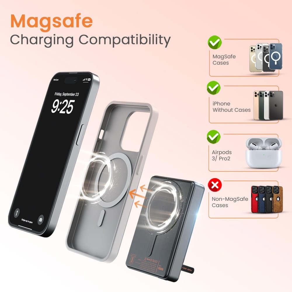 Portronics Chyro 10000mAh 15W Magnetic Wireless Power Bank with MagSafe, 20W Fast Charging, Built-in USB-C Cable, Foldable Mobile Stand, Compatible with iPhone 12 & Above, Android & Qi-Enabled Devices(Black)