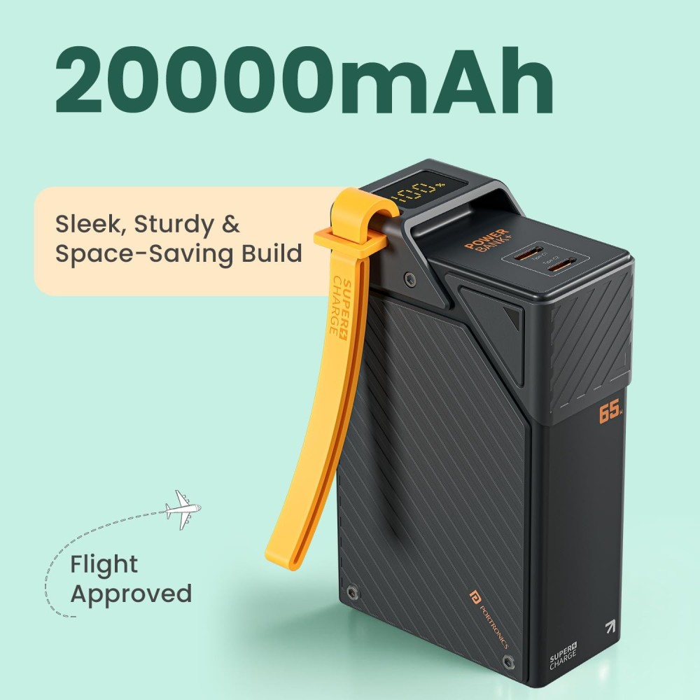 Portronics Halley 20K 20000mAh 65W Fast Charging Power Bank with Dual USB-C PD, LED Display, for iPhone, Android, iPad, Tablets & MacBook(Yellow)