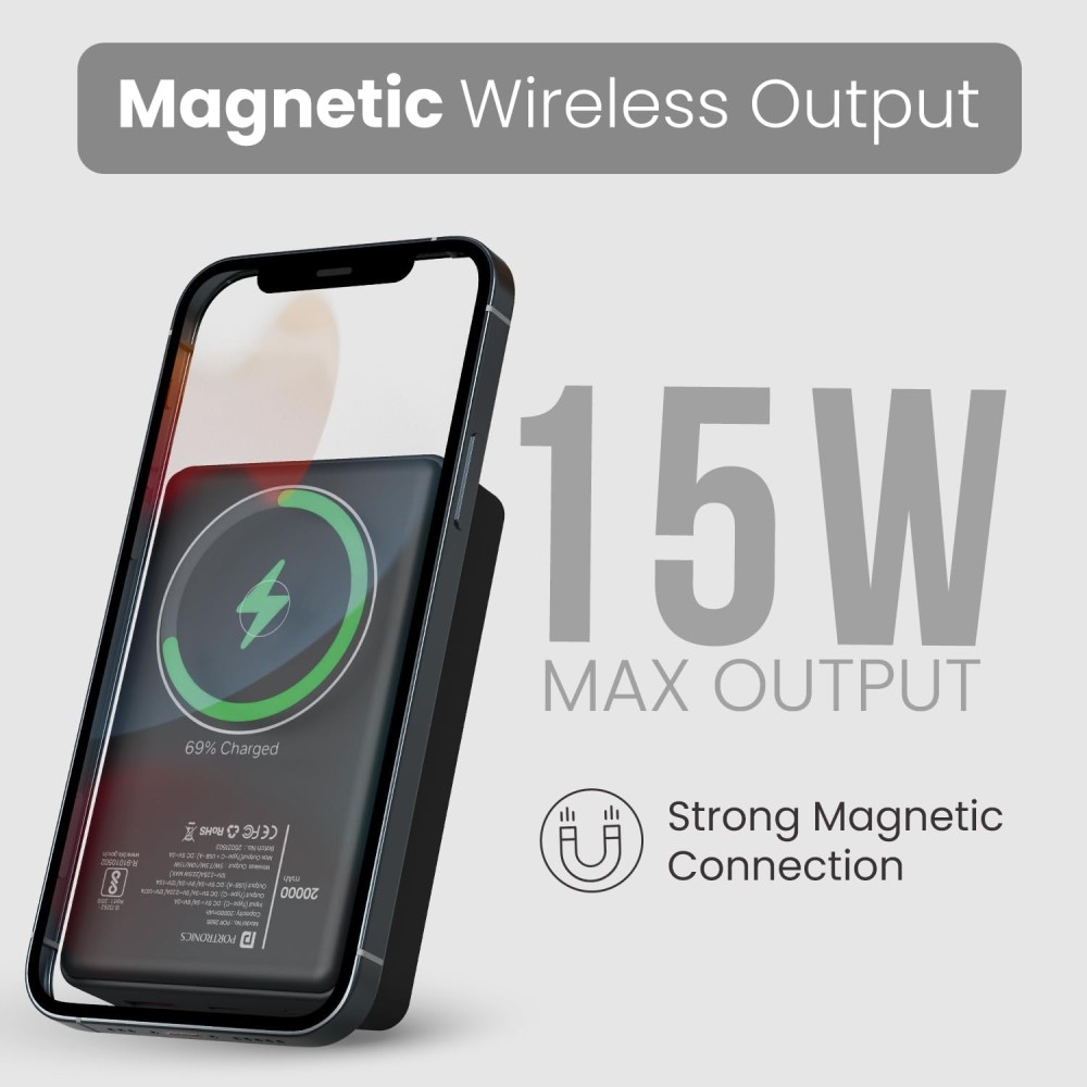 Portronics Luxcell Mini 20K 20000mAh Magnetic Wireless Power Bank with 15W MagSafe-Compatible Charging, 22.5W PD Fast Charging, USB-C & USB-A Outputs for iPhone 12-16 & Qi Devices – (Black)
