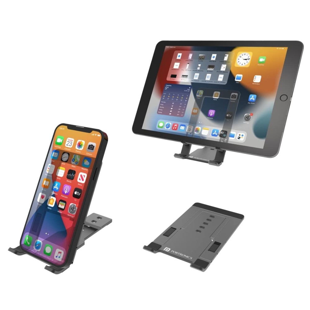 Portronics Modesk One Universal Mobile & Tablet Holder with 5 Adjustable Angles, Foldaway Design, Horizontal View Support(Grey)