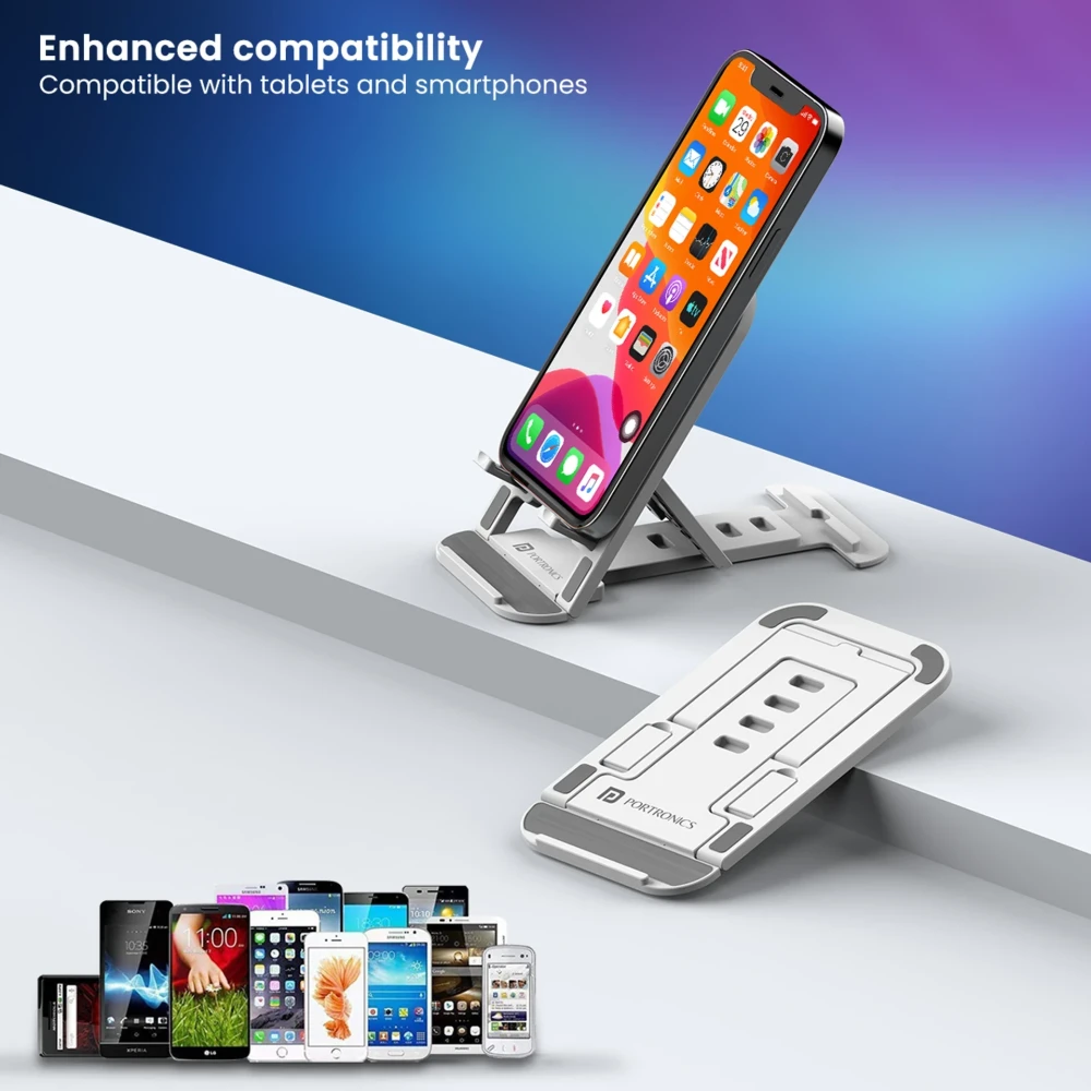 Portronics Modesk 100 Foldable Mobile & Tablet Stand Holder | Adjustable Multi-Angle Desktop Phone Stand | Anti-Slip ABS Holder for Smartphones & Tablets(White)