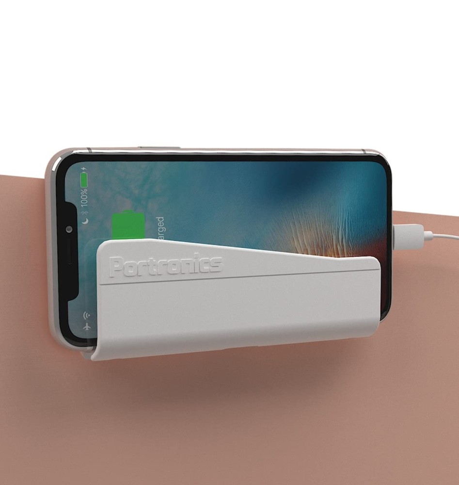 Portronics Modesk 101 Wall Mount Mobile Holder with Strong Adhesive Strips | Phone Charging Holder for iPhone, Android Smartphones & Mini Tablets | Stick-On Wall Phone Stand(White)