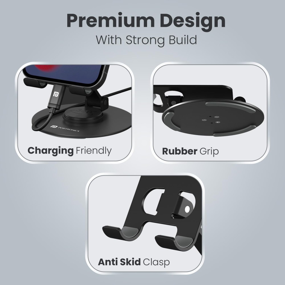 Portronics Mobot 4 Universal Mobile Stand with 360° Rotation & Height Adjustment | Foldable Anti-Skid Phone & Tablet Holder | Stable Metal Base for Smartphones, Tablets & Kindle