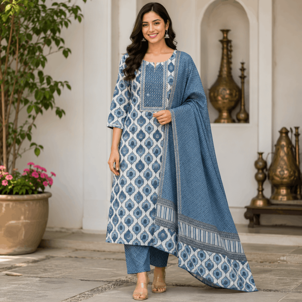 Beautiful Designer Plus Size Dusty Blue Printed Cotton Blend 3 Piece Kurta Set with Dupatta & Bottom for Women, Elegant Ethnic Wear - (CMHT0202)