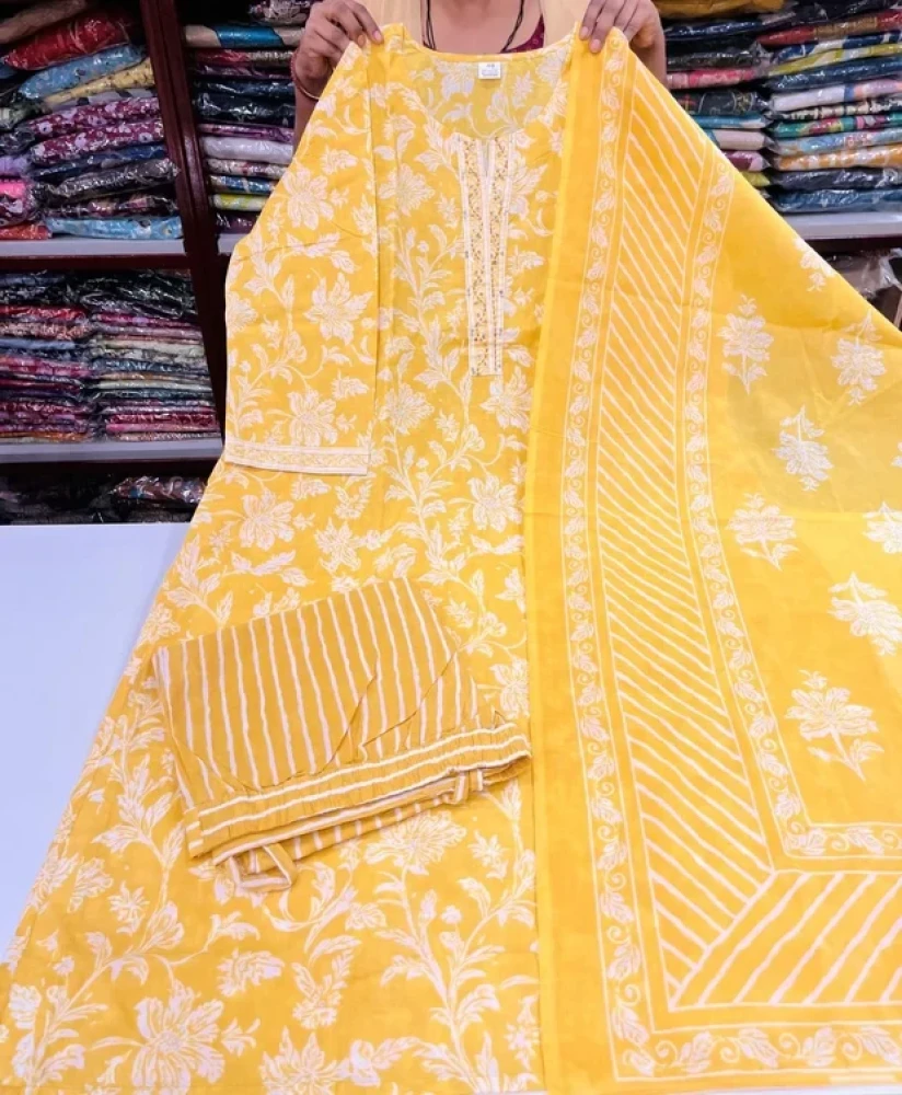 Beautiful Plus Size Light Yellow Jaipuri Cotton 3 Piece Suit Set for Women | Premium Jaipuri Cotton Kurta with Lining, Free Size Bottom & Jaipuri Cotton Dupatta | Ethnic Salwar Suit