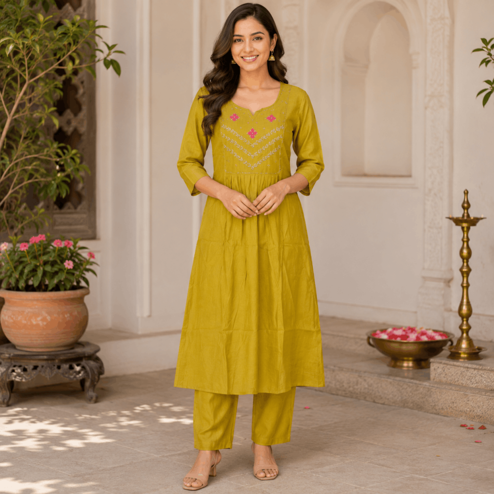 Beautiful Designer Plus Size Lite Green Embroidered 3 Piece Kurta Set with Pink Banarasi Dupatta & Bottom for Women, Ethnic Wear - (CMHT0450)