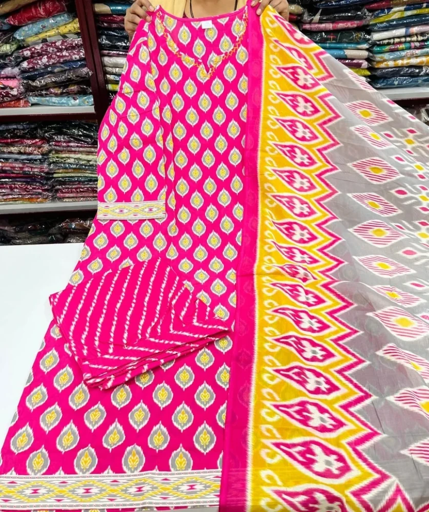 Beautiful Plus Size Dark Pink Jaipuri Cotton 3 Piece Kurta Set for Women with Dupatta | Premium Cotton Ethnic Suit Set | Lined Kurti, Free Size Bottom & Jaipuri Cotton Dupatta