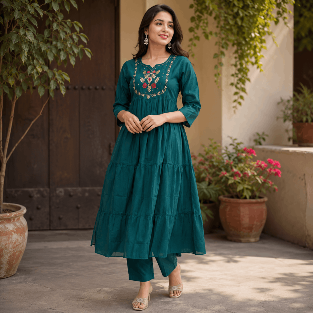 Beautiful Designer Plus Size Deep Teal Green Embroidered 3 Piece Kurta Set with Pink Banarasi Dupatta & Bottom for Women, Ethnic Wear - (CMHT0449)