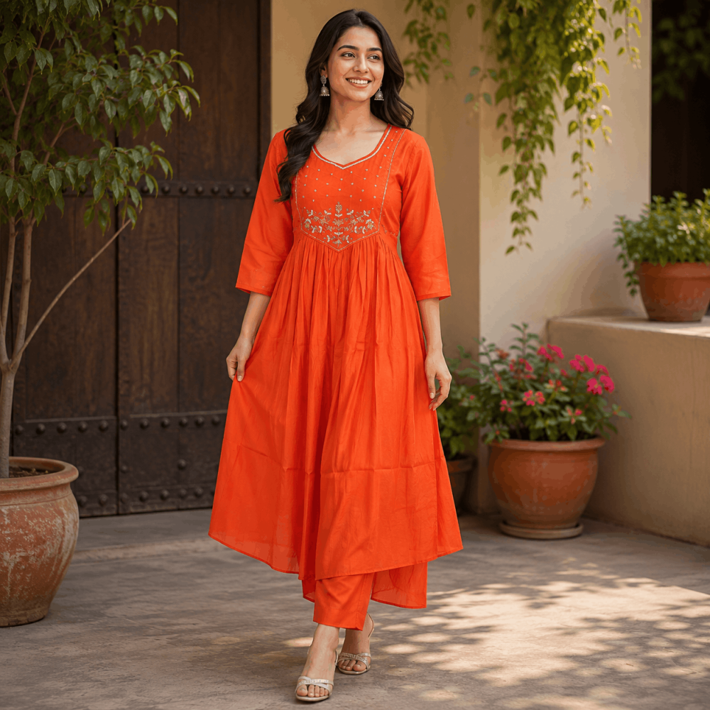 Beautiful Designer Plus Size Orange Embroidered 3 Piece Kurta Set with Yellow Woven Dupatta & Bottom for Women, Elegant Ethnic Wear - (CMHT0447)
