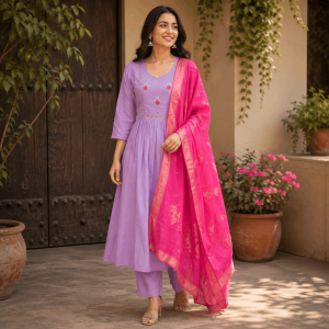 Beautiful Designer Plus Size Lavender Embroidered 3 Piece Kurta Set with Pink Banarasi Dupatta & Bottom for Women, Elegant Ethnic Wear - (CMHT0446)