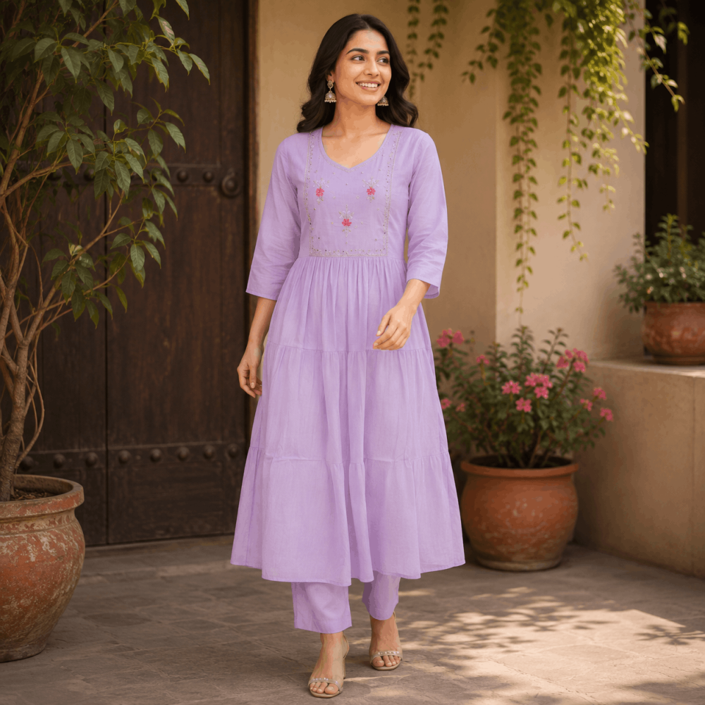 Beautiful Designer Plus Size Lavender Embroidered 3 Piece Kurta Set with Pink Banarasi Dupatta & Bottom for Women, Elegant Ethnic Wear - (CMHT0446)