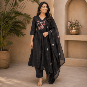 Beautiful Designer Plus Size Black Embroidered 3 Piece Kurta Set with Matching Dupatta & Bottom for Women, Elegant Ethnic Wear - (CMHT0366)