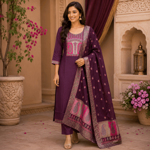Beautiful Plus Size Dark Wine Cotton Blend 3 Piece Suit Set for Women with Embroidered Kurta, Matching Bottom & Designer Dupatta - (CMHT0636)