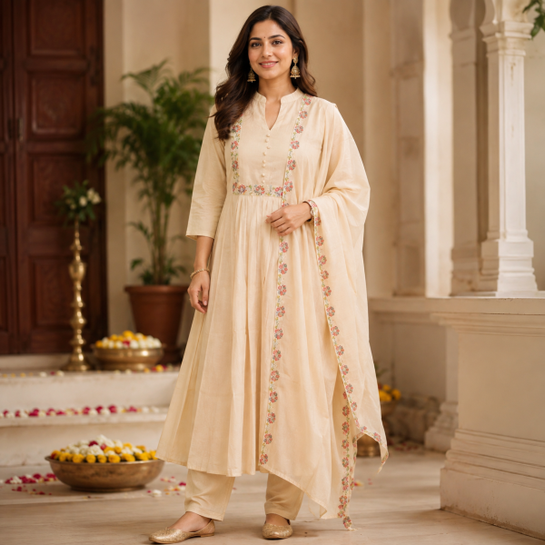 Beautiful Designer Plus Size Cream Embroidered 3 Piece Kurta Set with Matching Dupatta & Bottom for Women, Elegant Ethnic Wear - (CMHT0587)
